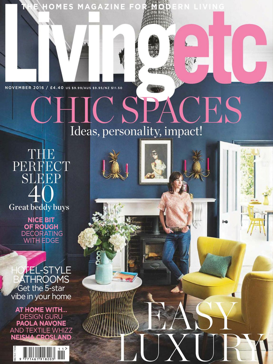 Living Etc cover magazine with blue walls and yellow armchair